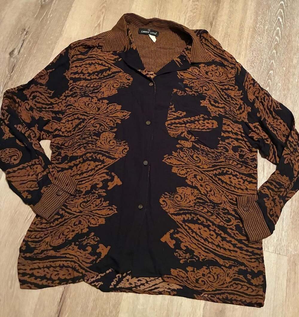 Carole Little Button-Down Shirt Size 14 Black Brown Paisley Viscose